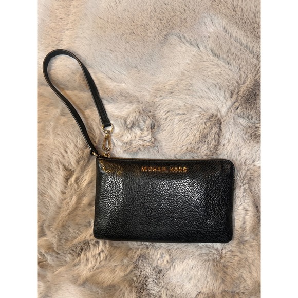 Michael Kors Wristlet Black Leather Zip Top‎ Clutch Handbag Small - Picture 1 of 16